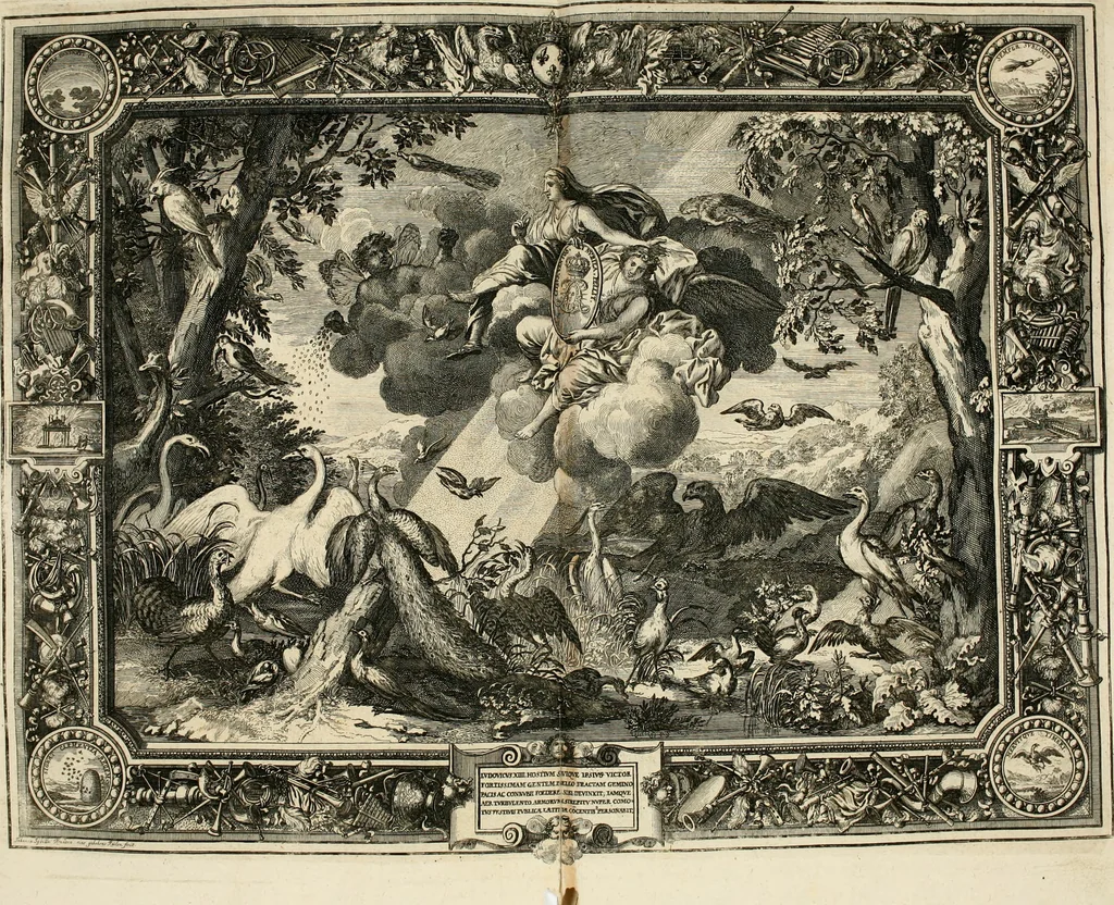 An illustration from Tapisseries du roy, ou sont representez les quatre elemens et les quatre saisons : avec les devises qvi les accompagnent & leur explication = Königliche französische Tapezereyen, oder überauss schöne Sinn-Bilder, in welchen die vier Element, samt den vier Jahr-Zeiten, neben den Dencksprüchen und ihren Ausslegungen, vorgestellet werden, 1690, leaf 41
