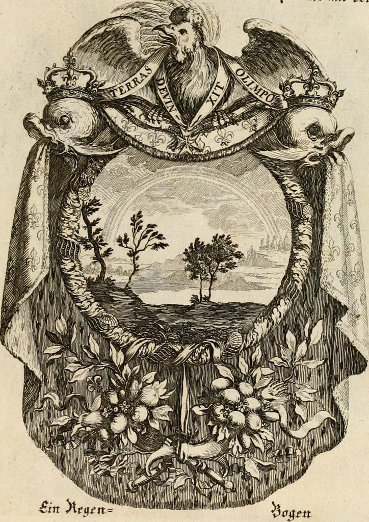 An illustration from Tapisseries du roy, ou sont representez les quatre elemens et les quatre saisons : avec les devises qvi les accompagnent & leur explication = Königliche französische Tapezereyen, oder überauss schöne Sinn-Bilder, in welchen die vier Element, samt den vier Jahr-Zeiten, neben den Dencksprüchen und ihren Ausslegungen, vorgestellet werden, 1690, leaf 42