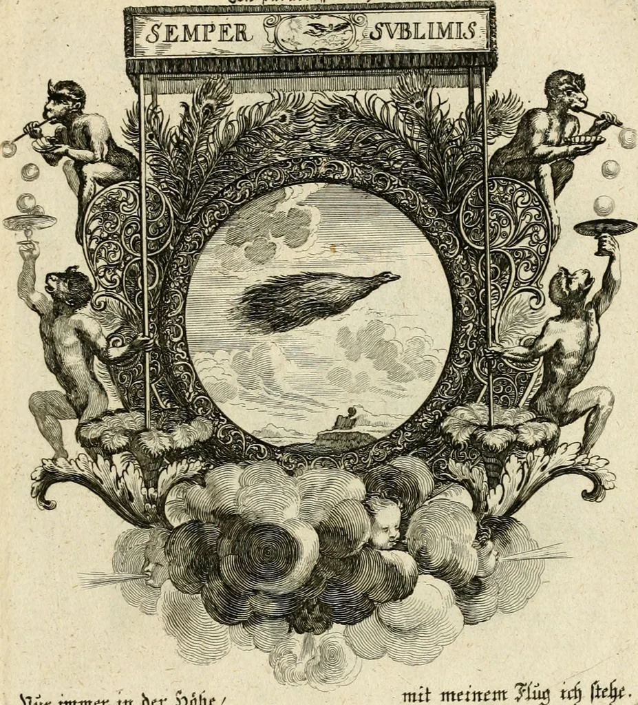 An illustration from Tapisseries du roy, ou sont representez les quatre elemens et les quatre saisons : avec les devises qvi les accompagnent & leur explication = Königliche französische Tapezereyen, oder überauss schöne Sinn-Bilder, in welchen die vier Element, samt den vier Jahr-Zeiten, neben den Dencksprüchen und ihren Ausslegungen, vorgestellet werden, 1690, leaf 44