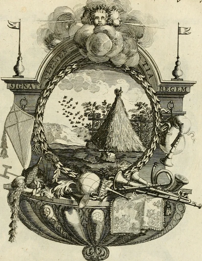 An illustration from Tapisseries du roy, ou sont representez les quatre elemens et les quatre saisons : avec les devises qvi les accompagnent & leur explication = Königliche französische Tapezereyen, oder überauss schöne Sinn-Bilder, in welchen die vier Element, samt den vier Jahr-Zeiten, neben den Dencksprüchen und ihren Ausslegungen, vorgestellet werden, 1690, leaf 46