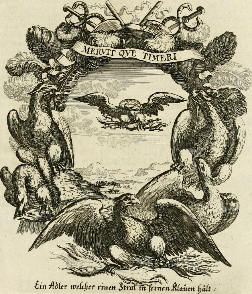 An illustration from Tapisseries du roy, ou sont representez les quatre elemens et les quatre saisons : avec les devises qvi les accompagnent & leur explication = Königliche französische Tapezereyen, oder überauss schöne Sinn-Bilder, in welchen die vier Element, samt den vier Jahr-Zeiten, neben den Dencksprüchen und ihren Ausslegungen, vorgestellet werden, 1690, leaf 48