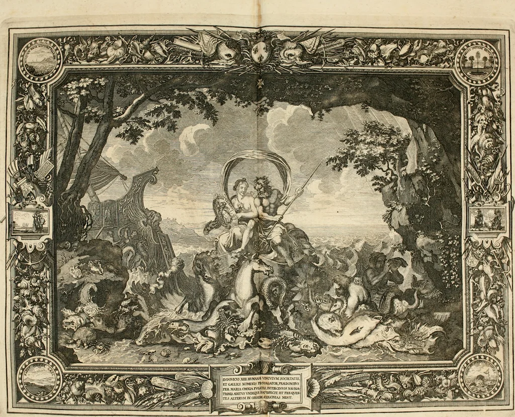An illustration from Tapisseries du roy, ou sont representez les quatre elemens et les quatre saisons : avec les devises qvi les accompagnent & leur explication = Königliche französische Tapezereyen, oder überauss schöne Sinn-Bilder, in welchen die vier Element, samt den vier Jahr-Zeiten, neben den Dencksprüchen und ihren Ausslegungen, vorgestellet werden, 1690, leaf 55