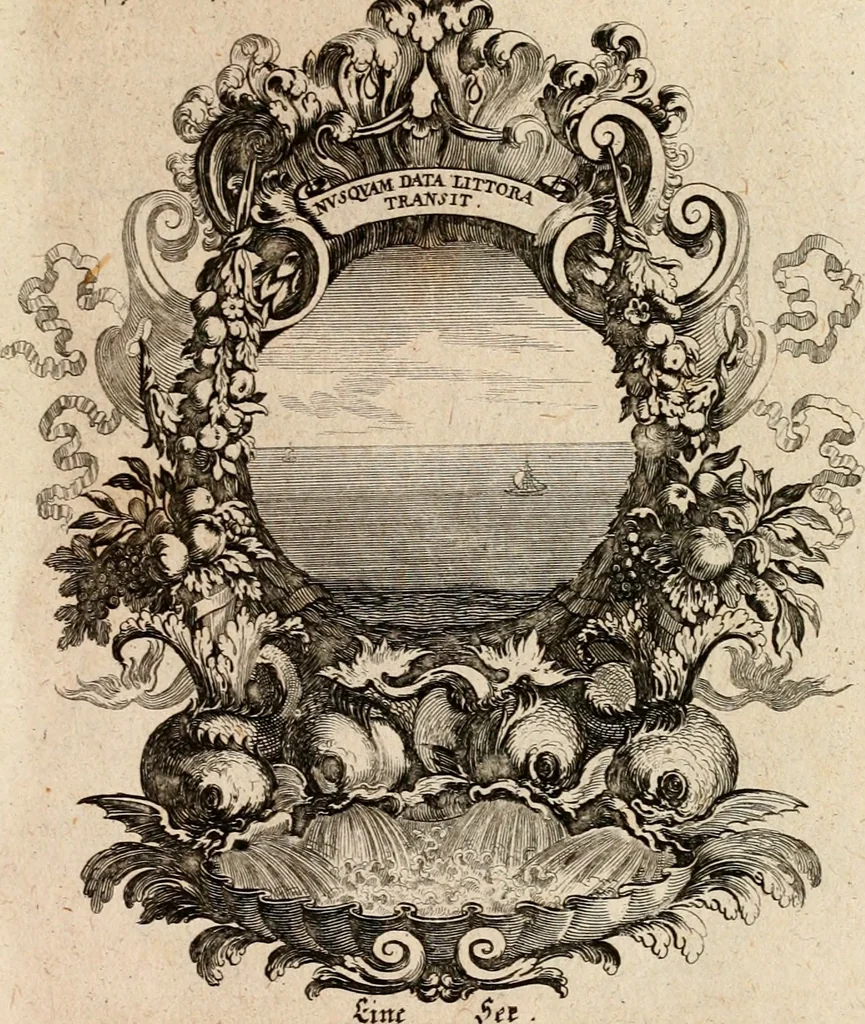 An illustration from Tapisseries du roy, ou sont representez les quatre elemens et les quatre saisons : avec les devises qvi les accompagnent & leur explication = Königliche französische Tapezereyen, oder überauss schöne Sinn-Bilder, in welchen die vier Element, samt den vier Jahr-Zeiten, neben den Dencksprüchen und ihren Ausslegungen, vorgestellet werden, 1690, leaf 56