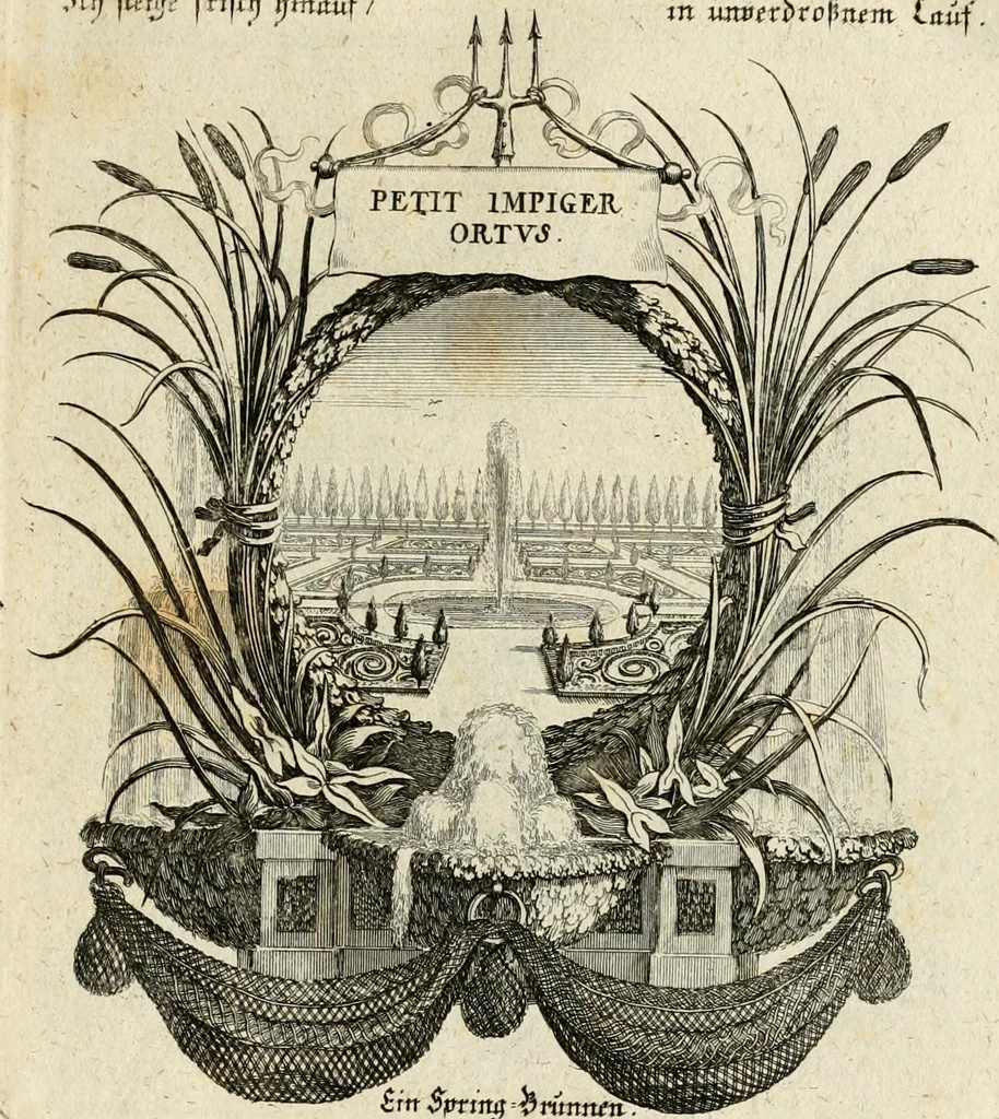 An illustration from Tapisseries du roy, ou sont representez les quatre elemens et les quatre saisons : avec les devises qvi les accompagnent & leur explication = Königliche französische Tapezereyen, oder überauss schöne Sinn-Bilder, in welchen die vier Element, samt den vier Jahr-Zeiten, neben den Dencksprüchen und ihren Ausslegungen, vorgestellet werden, 1690, leaf 58