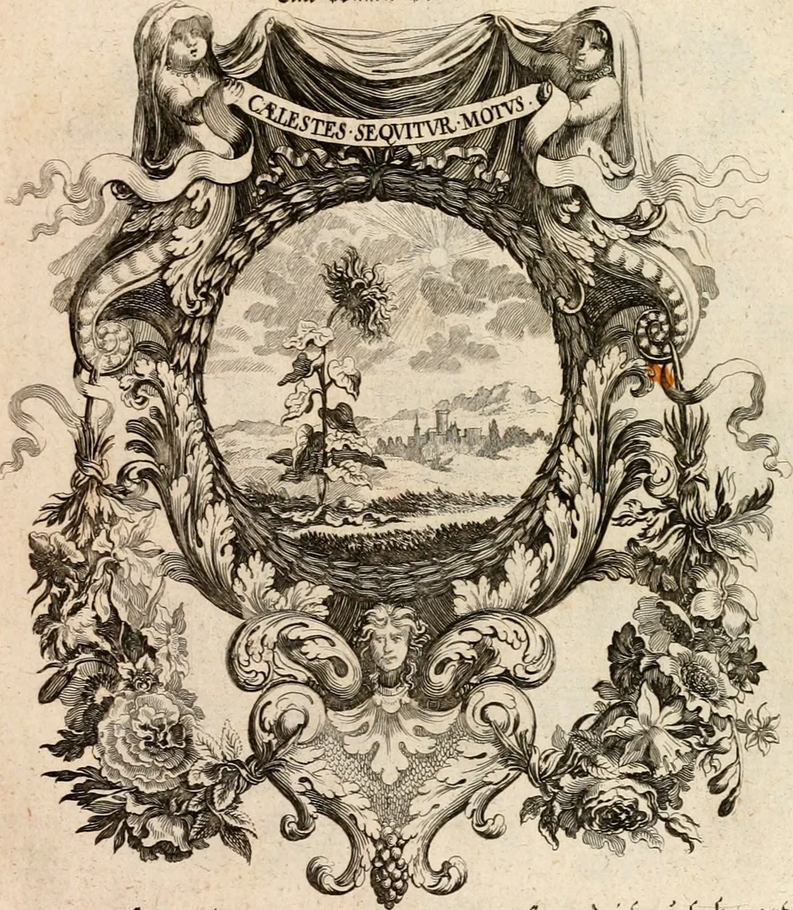 An illustration from Tapisseries du roy, ou sont representez les quatre elemens et les quatre saisons : avec les devises qvi les accompagnent & leur explication = Königliche französische Tapezereyen, oder überauss schöne Sinn-Bilder, in welchen die vier Element, samt den vier Jahr-Zeiten, neben den Dencksprüchen und ihren Ausslegungen, vorgestellet werden, 1690, leaf 72