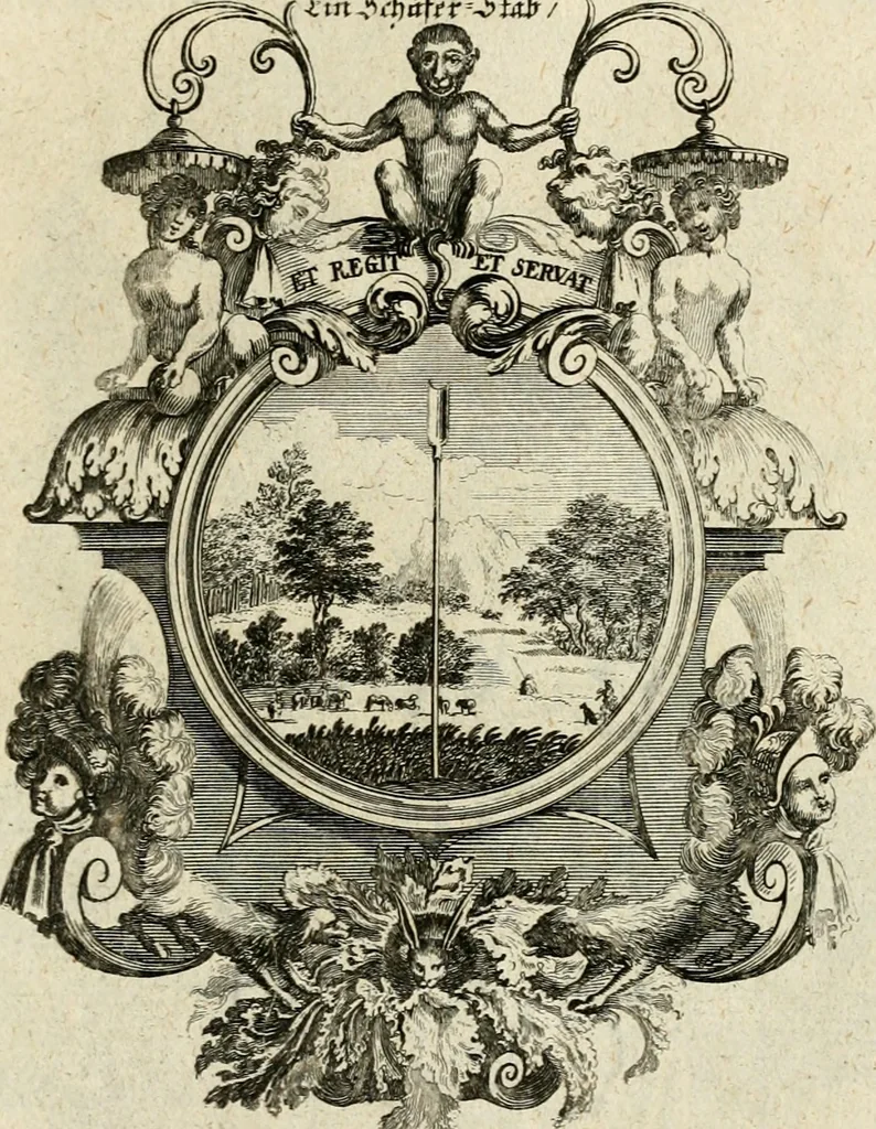 An illustration from Tapisseries du roy, ou sont representez les quatre elemens et les quatre saisons : avec les devises qvi les accompagnent & leur explication = Königliche französische Tapezereyen, oder überauss schöne Sinn-Bilder, in welchen die vier Element, samt den vier Jahr-Zeiten, neben den Dencksprüchen und ihren Ausslegungen, vorgestellet werden, 1690, leaf 76