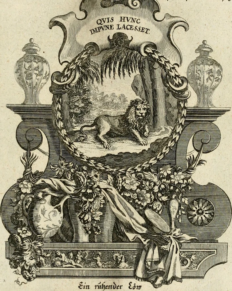 An illustration from Tapisseries du roy, ou sont representez les quatre elemens et les quatre saisons : avec les devises qvi les accompagnent & leur explication = Königliche französische Tapezereyen, oder überauss schöne Sinn-Bilder, in welchen die vier Element, samt den vier Jahr-Zeiten, neben den Dencksprüchen und ihren Ausslegungen, vorgestellet werden, 1690, leaf 78