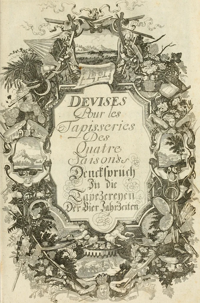 An illustration from Tapisseries du roy, ou sont representez les quatre elemens et les quatre saisons : avec les devises qvi les accompagnent & leur explication = Königliche französische Tapezereyen, oder überauss schöne Sinn-Bilder, in welchen die vier Element, samt den vier Jahr-Zeiten, neben den Dencksprüchen und ihren Ausslegungen, vorgestellet werden, 1690, leaf 80