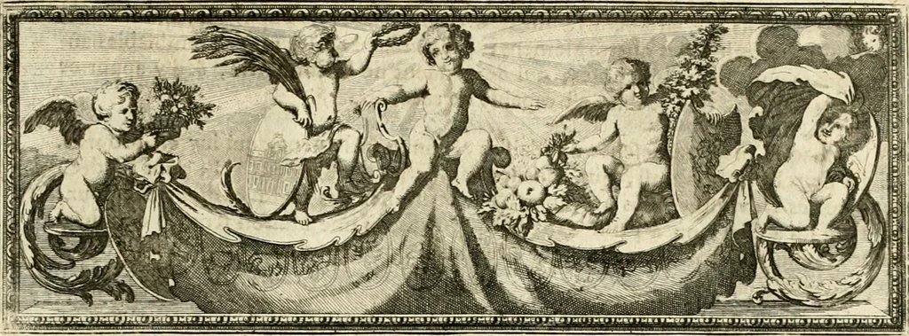 An illustration from Tapisseries du roy, ou sont representez les quatre elemens et les quatre saisons : avec les devises qvi les accompagnent & leur explication = Königliche französische Tapezereyen, oder überauss schöne Sinn-Bilder, in welchen die vier Element, samt den vier Jahr-Zeiten, neben den Dencksprüchen und ihren Ausslegungen, vorgestellet werden, 1690, leaf 82