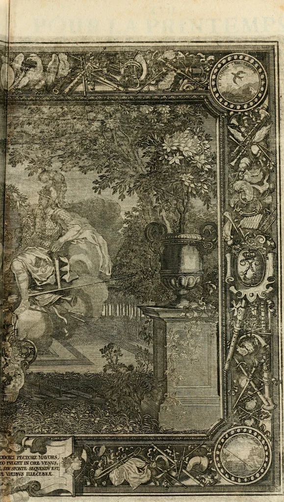 An illustration from Tapisseries du roy, ou sont representez les quatre elemens et les quatre saisons : avec les devises qvi les accompagnent & leur explication = Königliche französische Tapezereyen, oder überauss schöne Sinn-Bilder, in welchen die vier Element, samt den vier Jahr-Zeiten, neben den Dencksprüchen und ihren Ausslegungen, vorgestellet werden, 1690, leaf 94