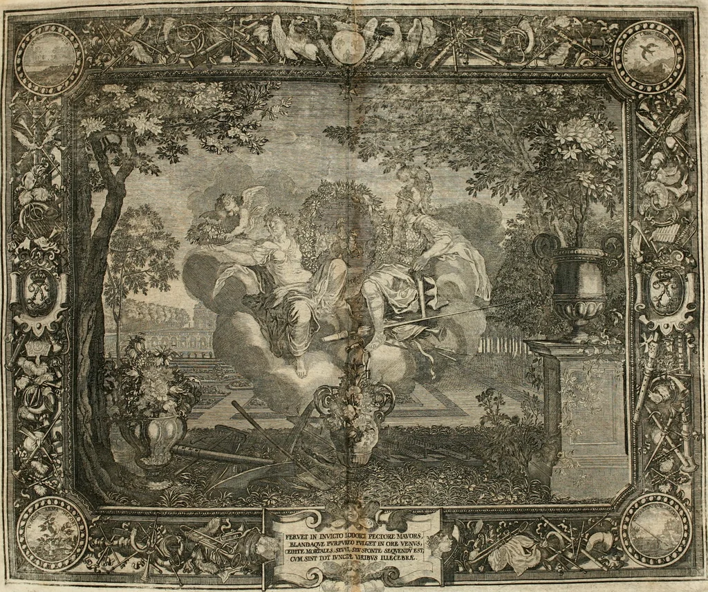 An illustration from Tapisseries du roy, ou sont representez les quatre elemens et les quatre saisons : avec les devises qvi les accompagnent & leur explication = Königliche französische Tapezereyen, oder überauss schöne Sinn-Bilder, in welchen die vier Element, samt den vier Jahr-Zeiten, neben den Dencksprüchen und ihren Ausslegungen, vorgestellet werden, 1690, leaf 95