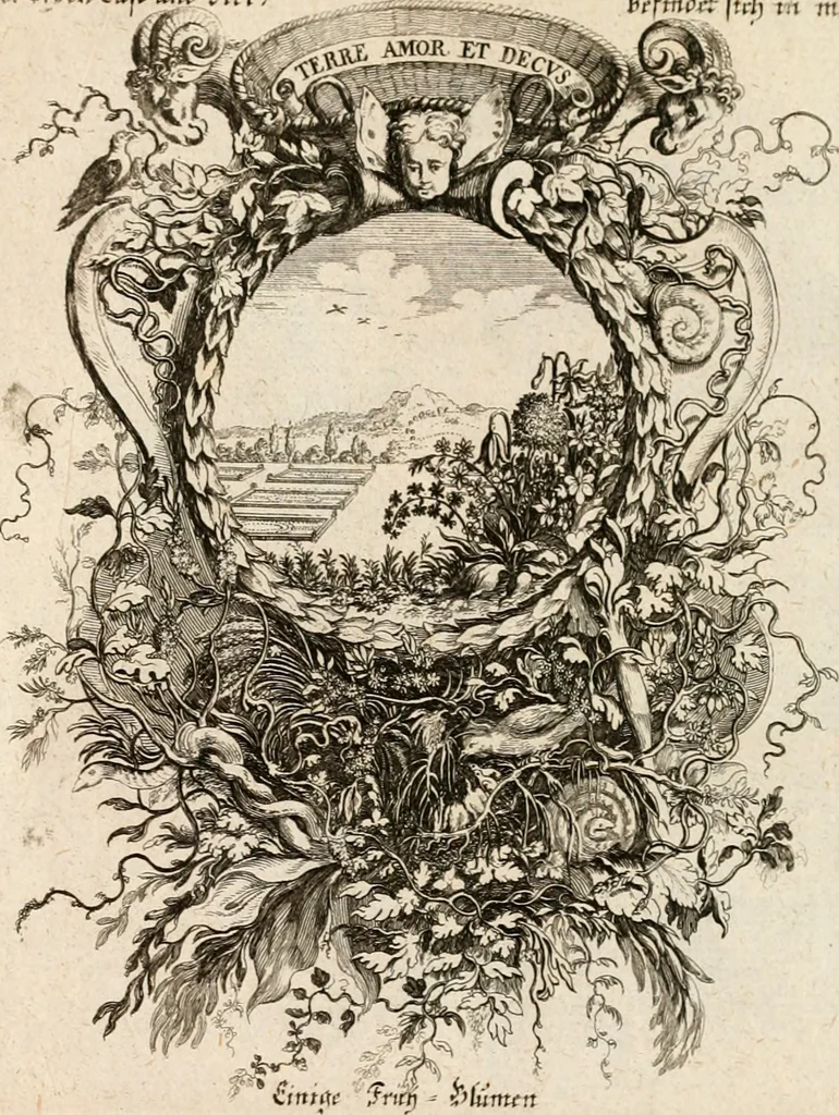 An illustration from Tapisseries du roy, ou sont representez les quatre elemens et les quatre saisons : avec les devises qvi les accompagnent & leur explication = Königliche französische Tapezereyen, oder überauss schöne Sinn-Bilder, in welchen die vier Element, samt den vier Jahr-Zeiten, neben den Dencksprüchen und ihren Ausslegungen, vorgestellet werden, 1690, leaf 96