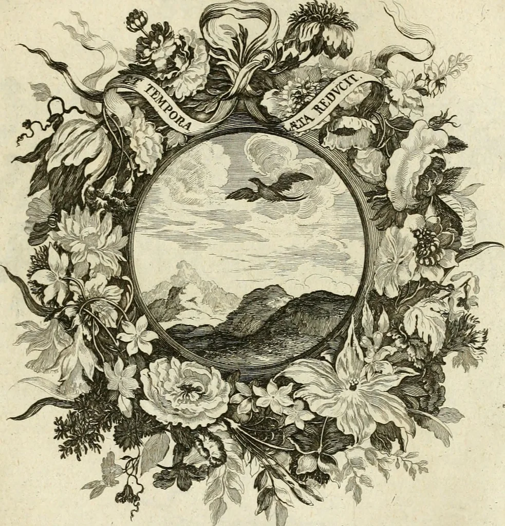 An illustration from Tapisseries du roy, ou sont representez les quatre elemens et les quatre saisons : avec les devises qvi les accompagnent & leur explication = Königliche französische Tapezereyen, oder überauss schöne Sinn-Bilder, in welchen die vier Element, samt den vier Jahr-Zeiten, neben den Dencksprüchen und ihren Ausslegungen, vorgestellet werden, 1690, leaf 98