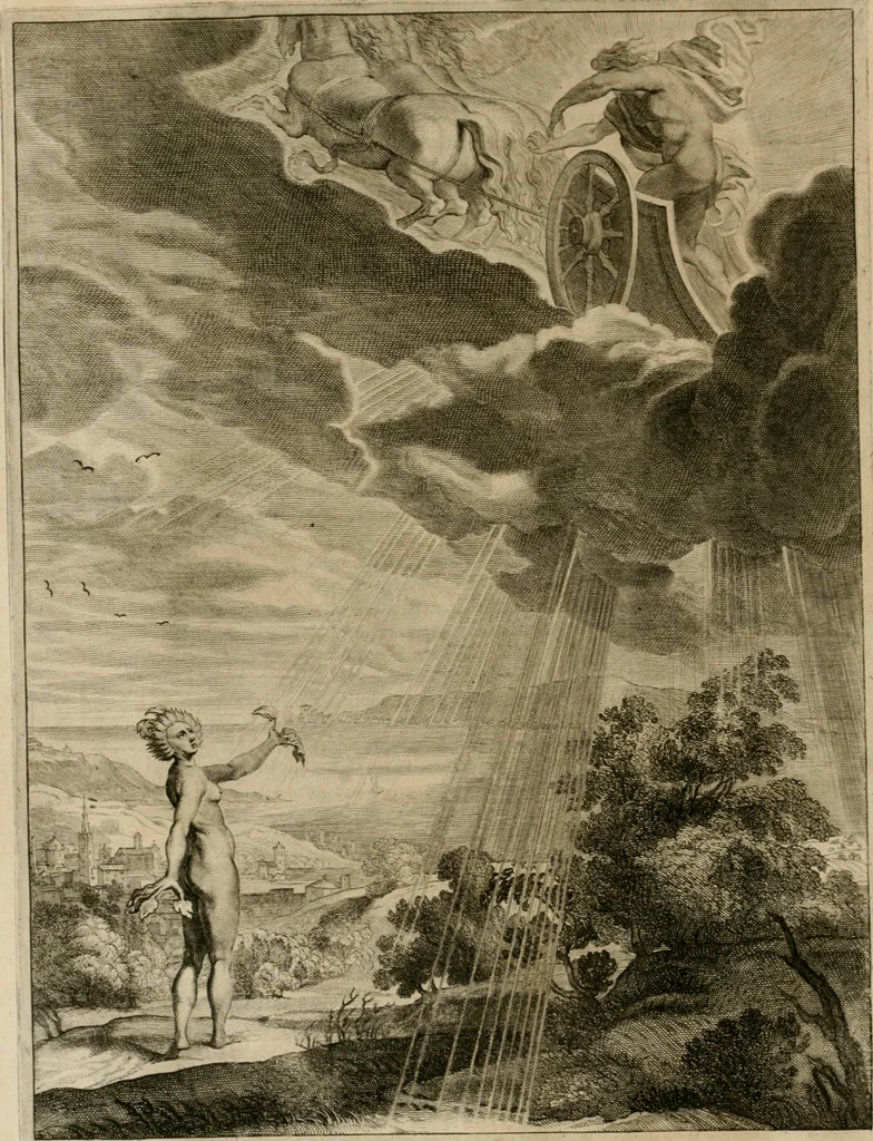An illustration from Tableaux du temple des muses : tirez du cabinet de feu Mr. Fauereau, conseiller du roy en sa Cour des aydes, & grauez en tailles-douces par les meilleurs maistres de son temps, pour representer les vertus & les vices, sur les plus illustres fables de l'antiquité, 1655, leaf 159