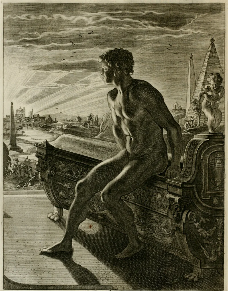 An illustration from Tableaux du temple des muses : tirez du cabinet de feu Mr. Fauereau, conseiller du roy en sa Cour des aydes, & grauez en tailles-douces par les meilleurs maistres de son temps, pour representer les vertus & les vices, sur les plus illustres fables de l'antiquité, 1655, leaf 189