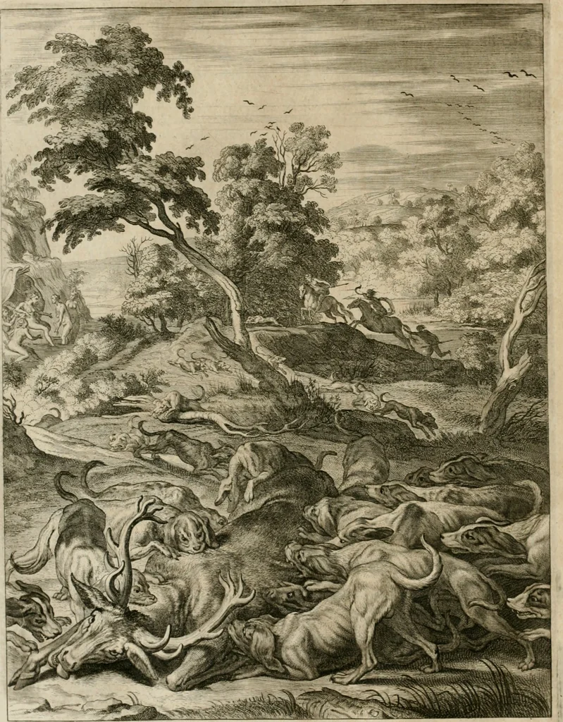 An illustration from Tableaux du temple des muses : tirez du cabinet de feu Mr. Fauereau, conseiller du roy en sa Cour des aydes, & grauez en tailles-douces par les meilleurs maistres de son temps, pour representer les vertus & les vices, sur les plus illustres fables de l'antiquité, 1655, leaf 209