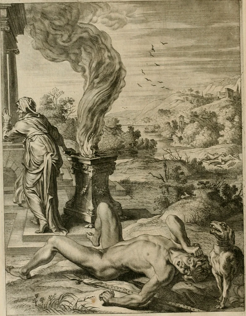 An illustration from Tableaux du temple des muses : tirez du cabinet de feu Mr. Fauereau, conseiller du roy en sa Cour des aydes, & grauez en tailles-douces par les meilleurs maistres de son temps, pour representer les vertus & les vices, sur les plus illustres fables de l'antiquité, 1655, leaf 229