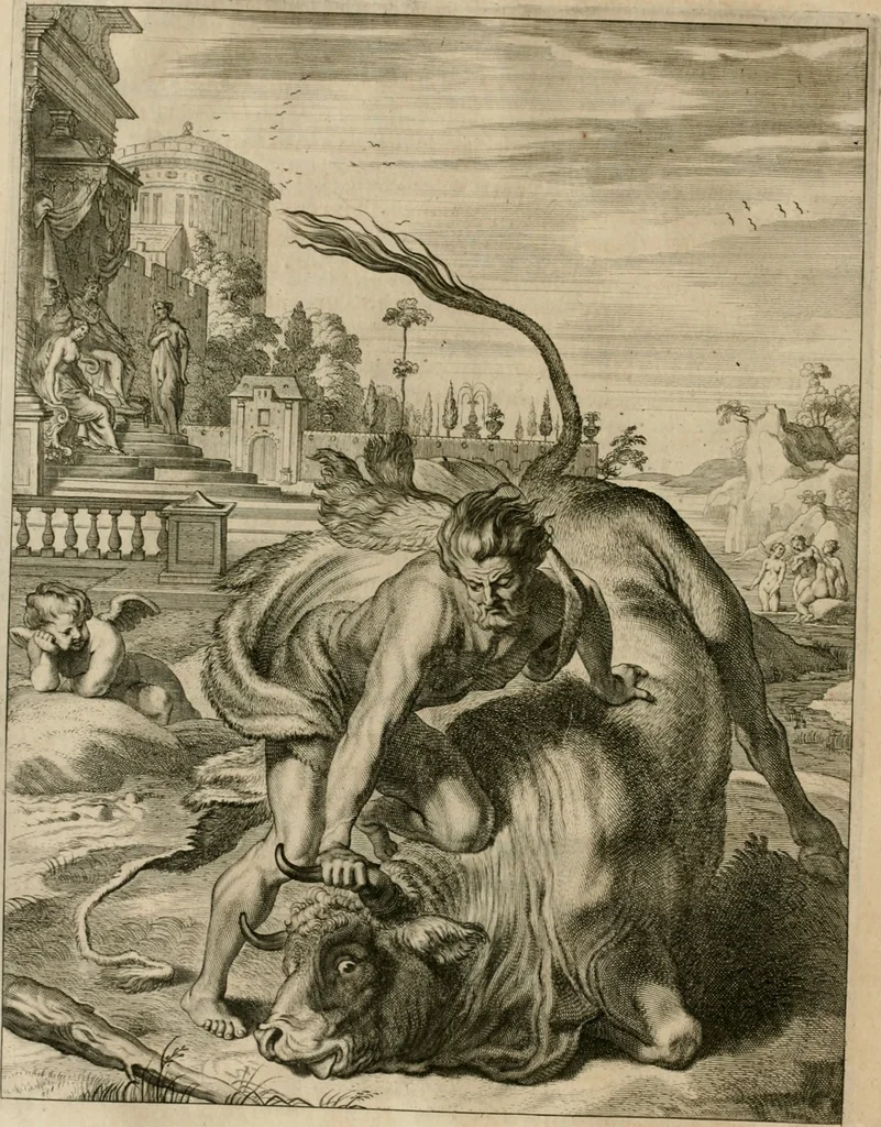 An illustration from Tableaux du temple des muses : tirez du cabinet de feu Mr. Fauereau, conseiller du roy en sa Cour des aydes, & grauez en tailles-douces par les meilleurs maistres de son temps, pour representer les vertus & les vices, sur les plus illustres fables de l'antiquité, 1655, leaf 239