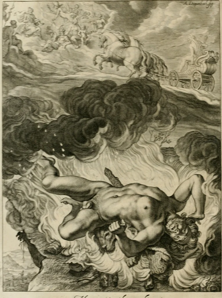 An illustration from Tableaux du temple des muses : tirez du cabinet de feu Mr. Fauereau, conseiller du roy en sa Cour des aydes, & grauez en tailles-douces par les meilleurs maistres de son temps, pour representer les vertus & les vices, sur les plus illustres fables de l'antiquité, 1655, leaf 259