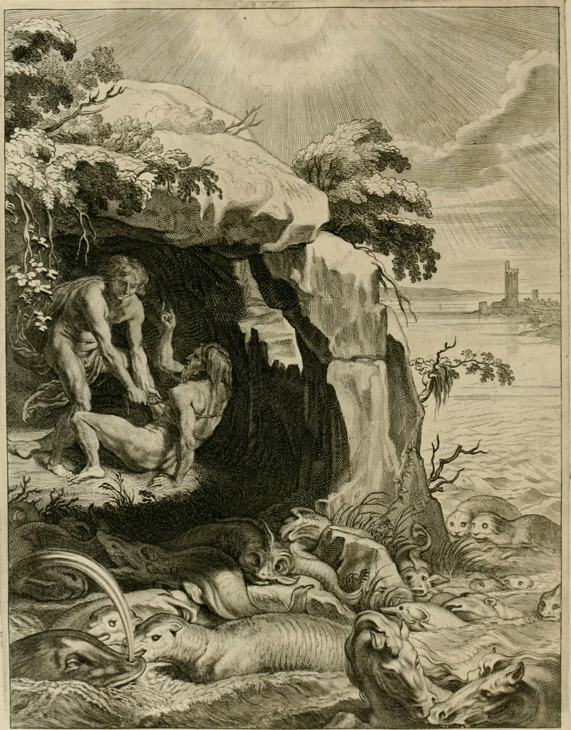 An illustration from Tableaux du temple des muses : tirez du cabinet de feu Mr. Fauereau, conseiller du roy en sa Cour des aydes, & grauez en tailles-douces par les meilleurs maistres de son temps, pour representer les vertus & les vices, sur les plus illustres fables de l'antiquité, 1655, leaf 289