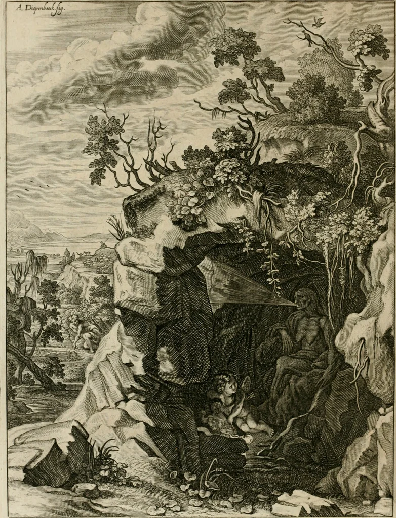 An illustration from Tableaux du temple des muses : tirez du cabinet de feu Mr. Fauereau, conseiller du roy en sa Cour des aydes, & grauez en tailles-douces par les meilleurs maistres de son temps, pour representer les vertus & les vices, sur les plus illustres fables de l'antiquité, 1655, leaf 389