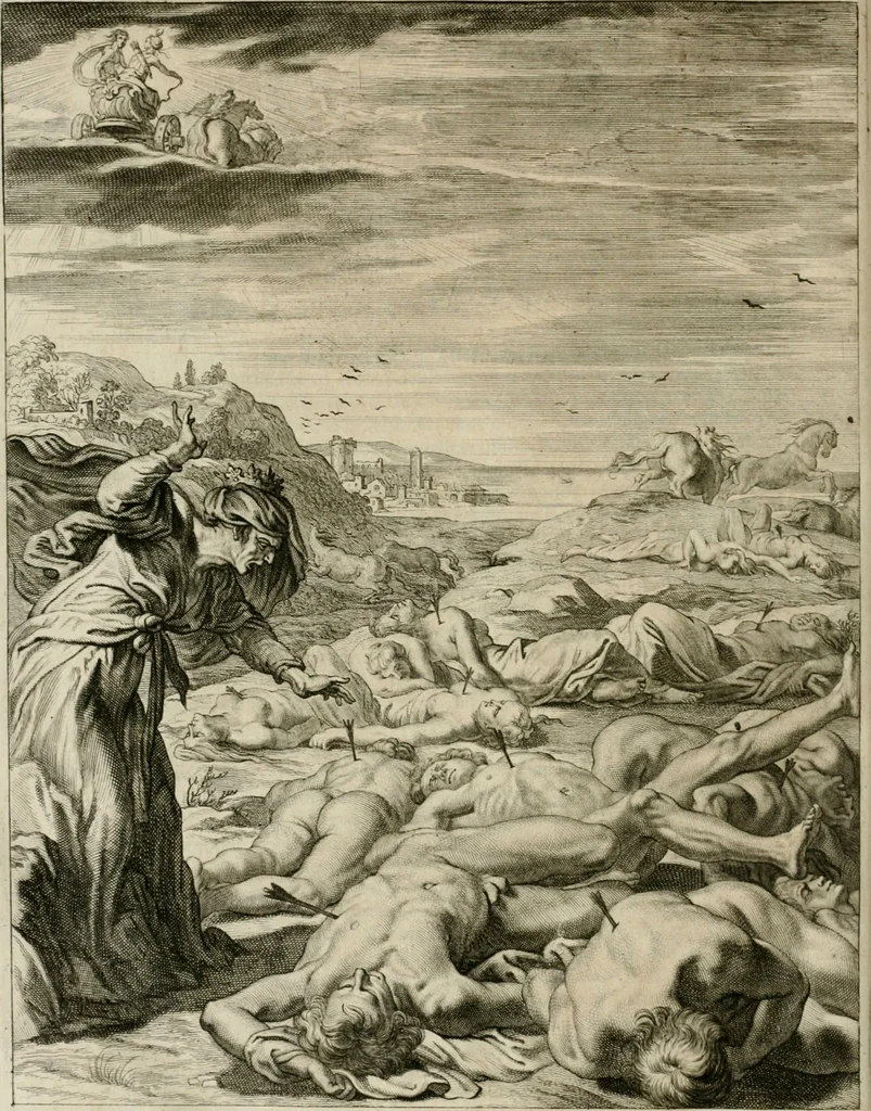 An illustration from Tableaux du temple des muses : tirez du cabinet de feu Mr. Fauereau, conseiller du roy en sa Cour des aydes, & grauez en tailles-douces par les meilleurs maistres de son temps, pour representer les vertus & les vices, sur les plus illustres fables de l'antiquité, 1655, leaf 459