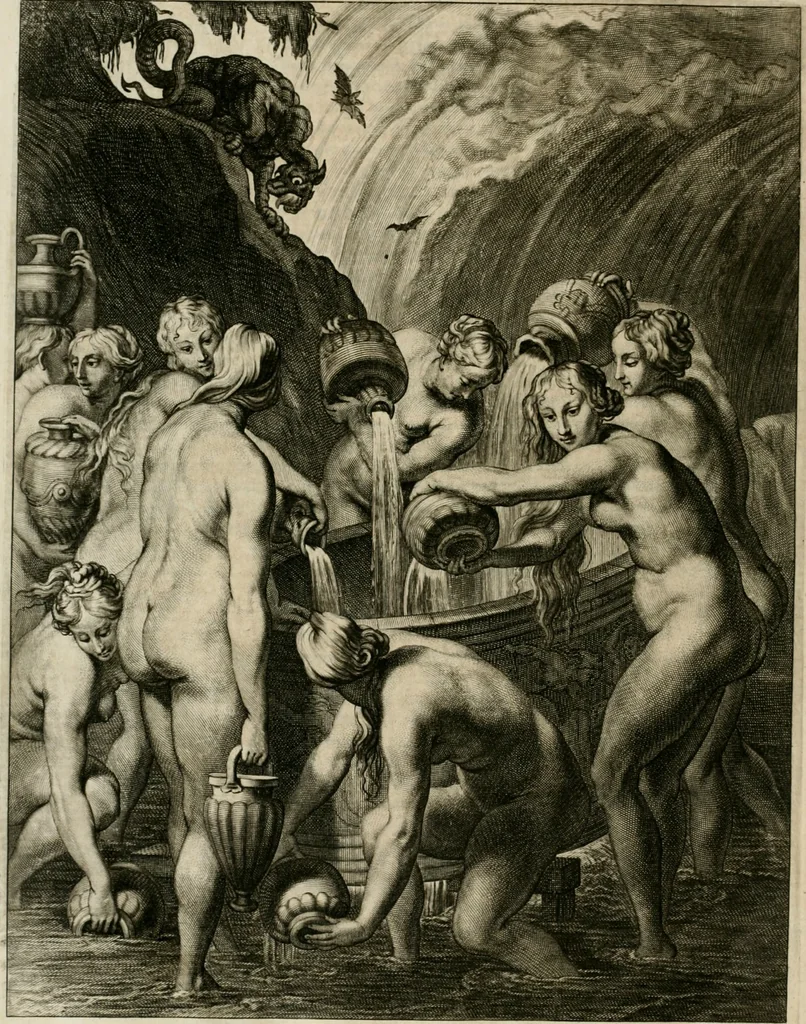 An illustration from Tableaux du temple des muses : tirez du cabinet de feu Mr. Fauereau, conseiller du roy en sa Cour des aydes, & grauez en tailles-douces par les meilleurs maistres de son temps, pour representer les vertus & les vices, sur les plus illustres fables de l'antiquité, 1655, leaf 589