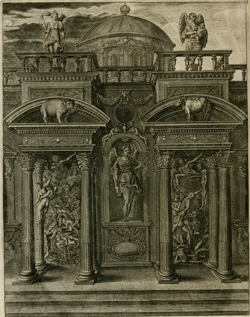 An illustration from Tableaux du temple des muses : tirez du cabinet de feu Mr. Fauereau, conseiller du roy en sa Cour des aydes, & grauez en tailles-douces par les meilleurs maistres de son temps, pour representer les vertus & les vices, sur les plus illustres fables de l'antiquité, 1655, leaf 599