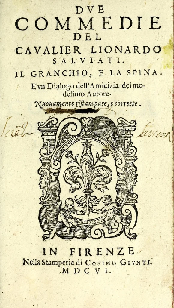 An illustration from Dve commedie del cavalier Lionardo Salviati : Il Granchio, e La Spina : e vn dialogo dell'amicizia del medesimo autore, 1606, leaf 7