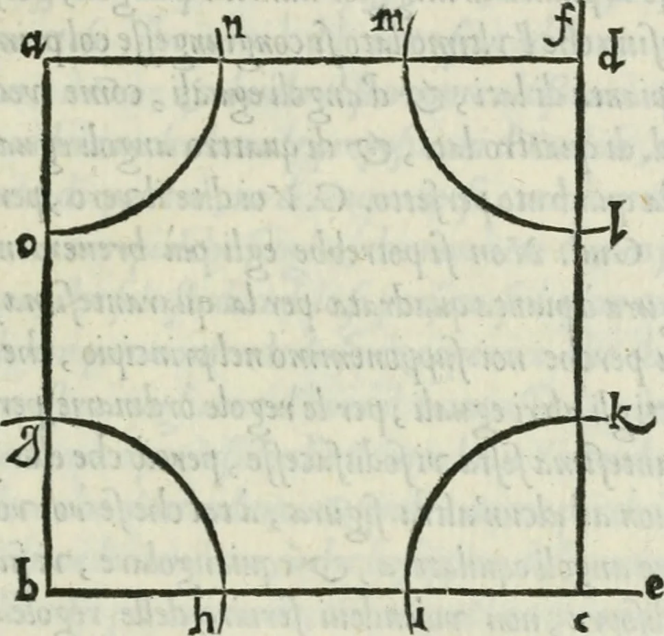 An illustration from Dve dialoghi di m. Iacomo de' Lanteri da Paratico, bresciano : ne i qvali s'introdvce messer Girolamo Catanio nouarese, & messer Francesco Treuisi ingegnero veronese, con un giouene bresciano, à ragionare del modo di disegnare le piante delle fortezze secondo Euclide : et del modo di comporre i modelli, & torre in disegno le piante delle città, 1557, leaf 20
