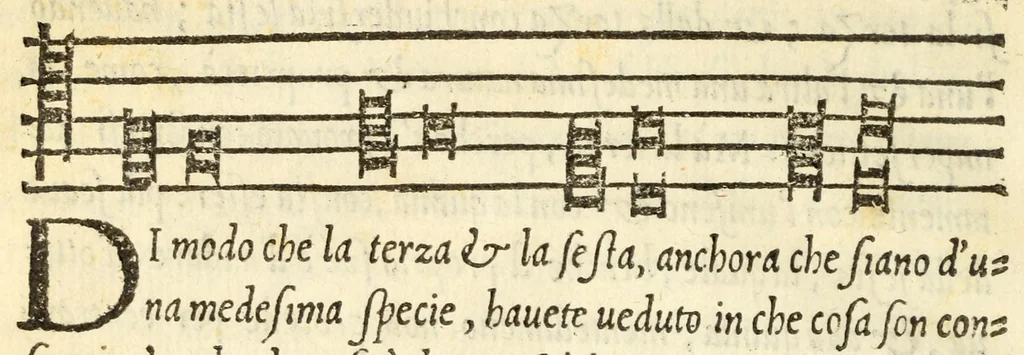 An illustration from Dvo dialoghi della mvsica del Signor Lvigi Dentice, gentil'hvomo Napolitano ; delli quali l'uno tratta della theorica, & l'altro della pratica: raccolti da diuersi autori greci, & latini, 1553, leaf 80