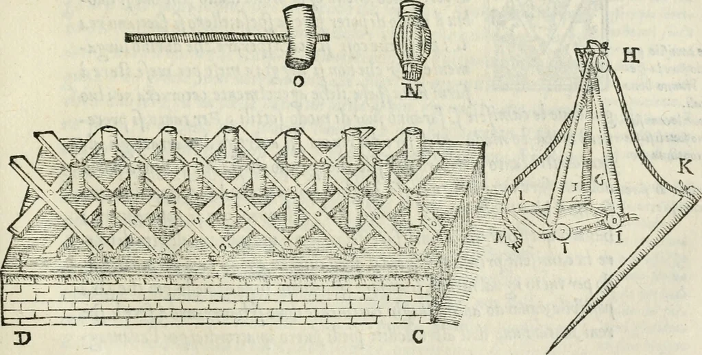 An illustration from Dvo libri di m. Giacomo Lanteri di Paratico da Brescia : del modo di fare le fortificationi de terra intorno alle città, & alle castella per fortificarle : et di fare cosi i forti in campagna per gli alloggiamenti de gli esserciti : come anco per andar sotto ad una terra, & di fare i ripari nella batterie, 1559, leaf 114