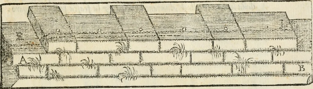 An illustration from Dvo libri di m. Giacomo Lanteri di Paratico da Brescia : del modo di fare le fortificationi de terra intorno alle città, & alle castella per fortificarle : et di fare cosi i forti in campagna per gli alloggiamenti de gli esserciti : come anco per andar sotto ad una terra, & di fare i ripari nella batterie, 1559, leaf 130