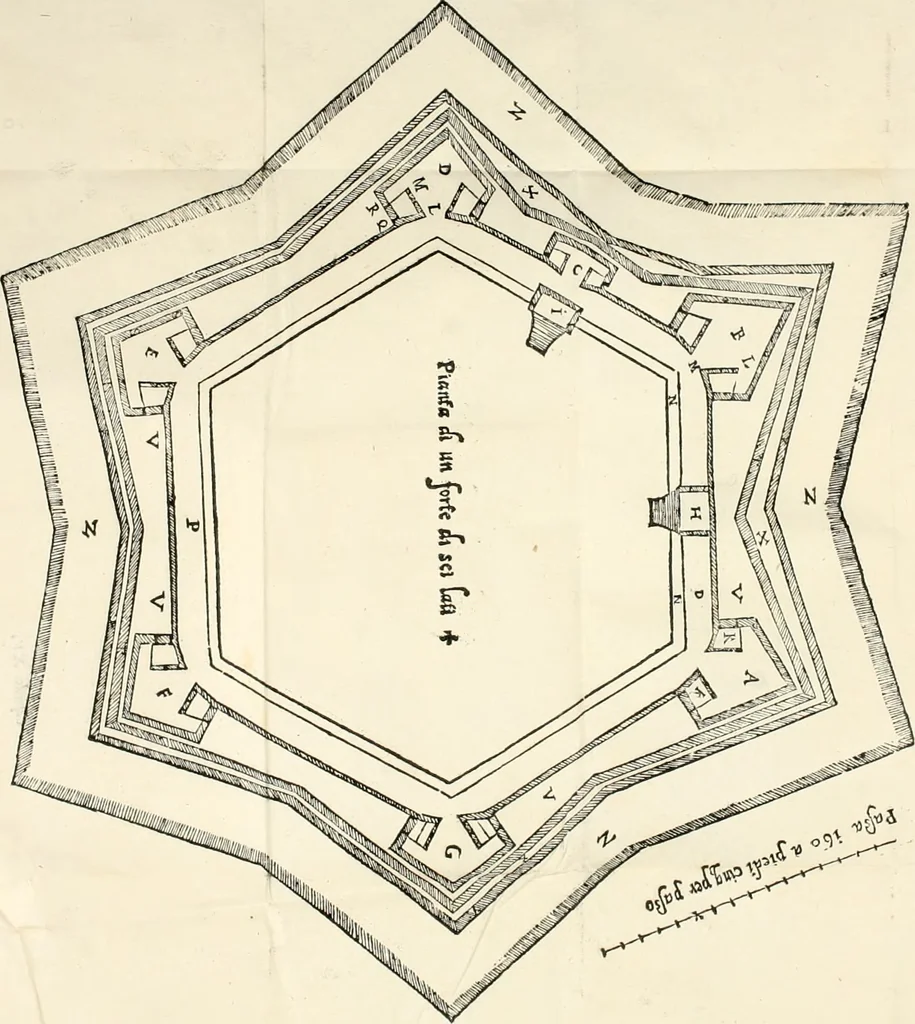 An illustration from Dvo libri di m. Giacomo Lanteri di Paratico da Brescia : del modo di fare le fortificationi de terra intorno alle città, & alle castella per fortificarle : et di fare cosi i forti in campagna per gli alloggiamenti de gli esserciti : come anco per andar sotto ad una terra, & di fare i ripari nella batterie, 1559, leaf 133