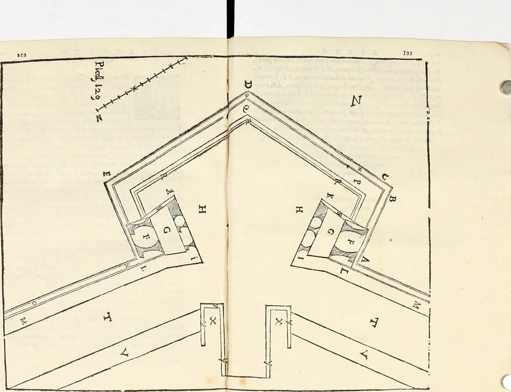 An illustration from Dvo libri di m. Giacomo Lanteri di Paratico da Brescia : del modo di fare le fortificationi de terra intorno alle città, & alle castella per fortificarle : et di fare cosi i forti in campagna per gli alloggiamenti de gli esserciti : come anco per andar sotto ad una terra, & di fare i ripari nella batterie, 1559, leaf 136