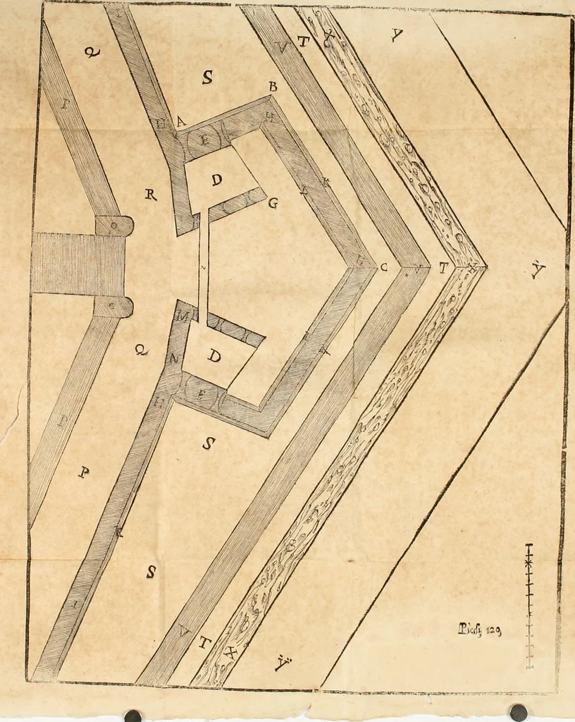 An illustration from Dvo libri di m. Giacomo Lanteri di Paratico da Brescia : del modo di fare le fortificationi de terra intorno alle città, & alle castella per fortificarle : et di fare cosi i forti in campagna per gli alloggiamenti de gli esserciti : come anco per andar sotto ad una terra, & di fare i ripari nella batterie, 1559, leaf 45