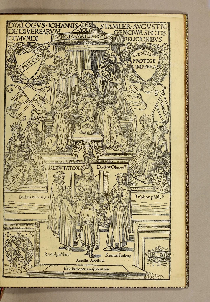 An illustration from Dyalogus. Iohannis Stamler. August[e]n. De diversarum gencium sectis et mundi religionibus. : Registru[m] operis respice in fine, 1508, leaf 9