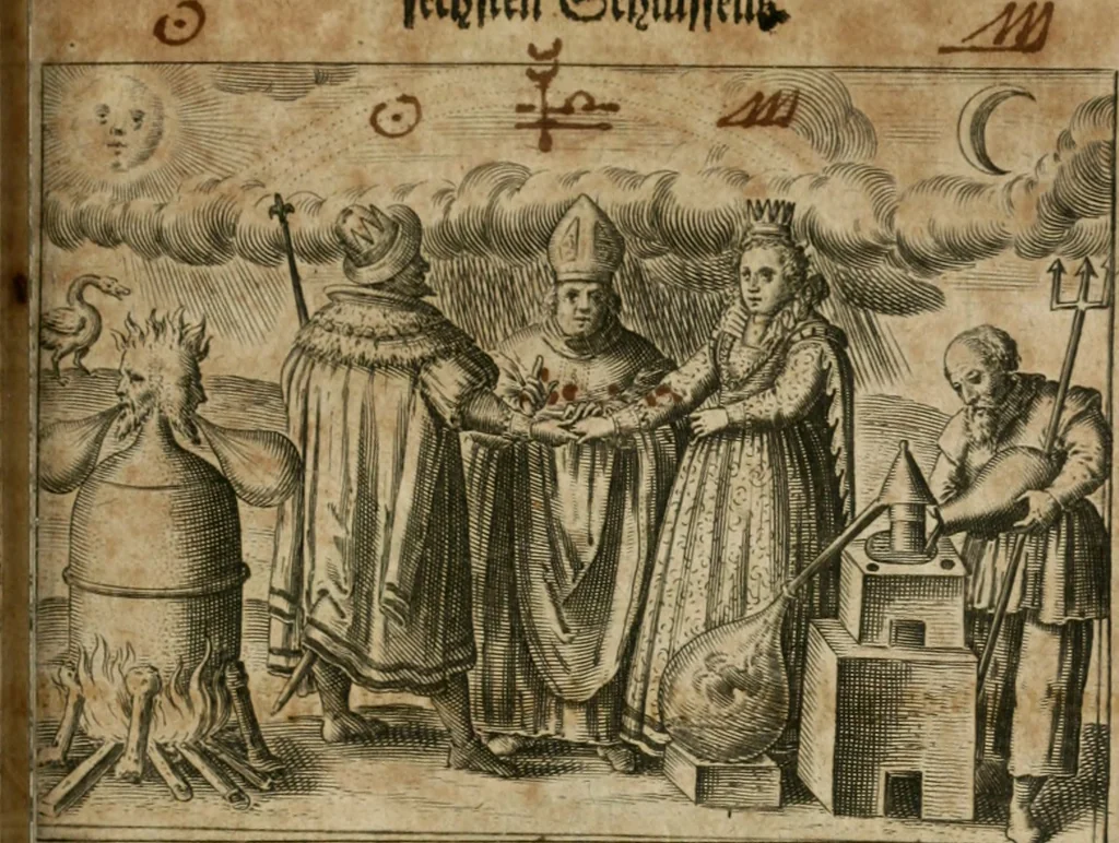 An illustration from Dyas chymica tripartita, das ist, Sechs herzliche deutsche philosophische Tractätlein : deren II. von an jtzo noch im Leben, II. von mitlern Alters, und II. von ältern Philosophis beschrieben Worden : nunmehr aber allen Filiis doctrinae zu Nutz an Tag geben, und mit schönen Figuren gezieret, 1625, leaf 108