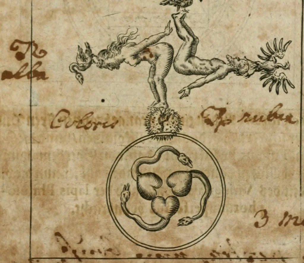 An illustration from Dyas chymica tripartita, das ist, Sechs herzliche deutsche philosophische Tractätlein : deren II. von an jtzo noch im Leben, II. von mitlern Alters, und II. von ältern Philosophis beschrieben Worden : nunmehr aber allen Filiis doctrinae zu Nutz an Tag geben, und mit schönen Figuren gezieret, 1625, leaf 110