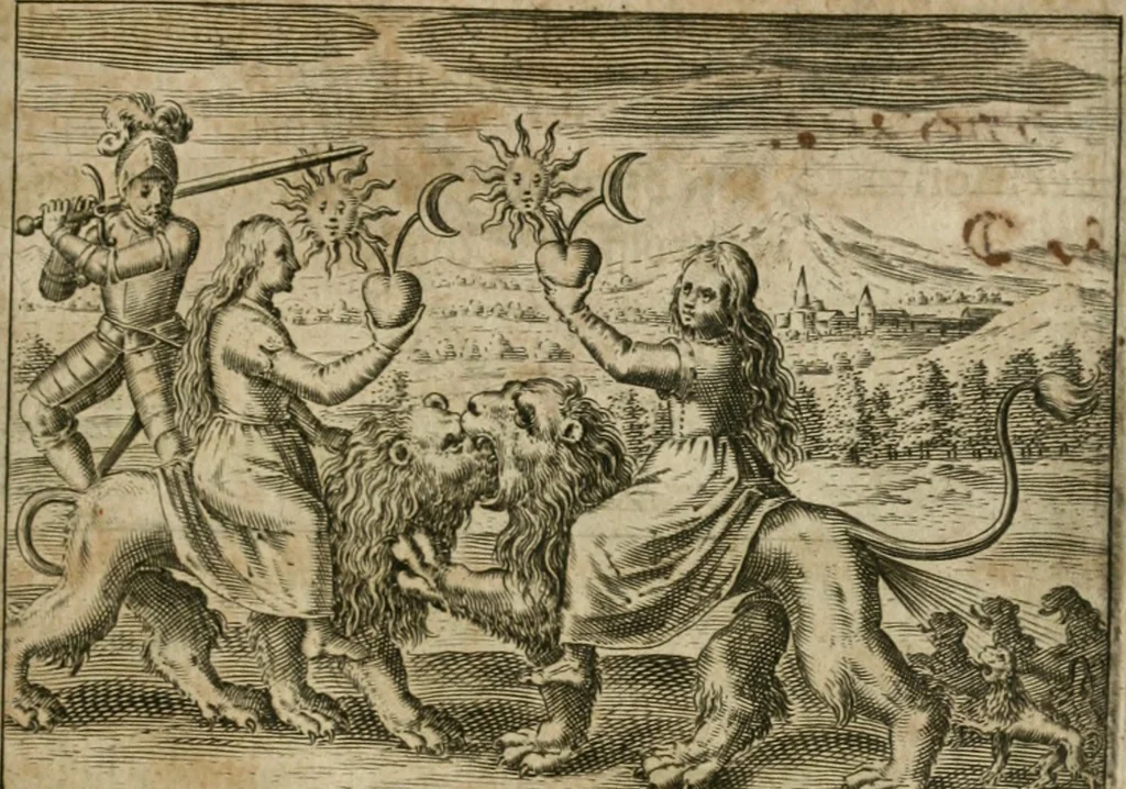 An illustration from Dyas chymica tripartita, das ist, Sechs herzliche deutsche philosophische Tractätlein : deren II. von an jtzo noch im Leben, II. von mitlern Alters, und II. von ältern Philosophis beschrieben Worden : nunmehr aber allen Filiis doctrinae zu Nutz an Tag geben, und mit schönen Figuren gezieret, 1625, leaf 112