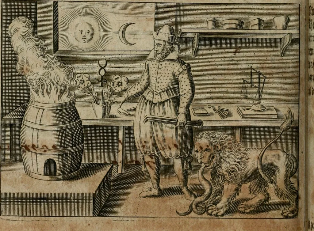 An illustration from Dyas chymica tripartita, das ist, Sechs herzliche deutsche philosophische Tractätlein : deren II. von an jtzo noch im Leben, II. von mitlern Alters, und II. von ältern Philosophis beschrieben Worden : nunmehr aber allen Filiis doctrinae zu Nutz an Tag geben, und mit schönen Figuren gezieret, 1625, leaf 113