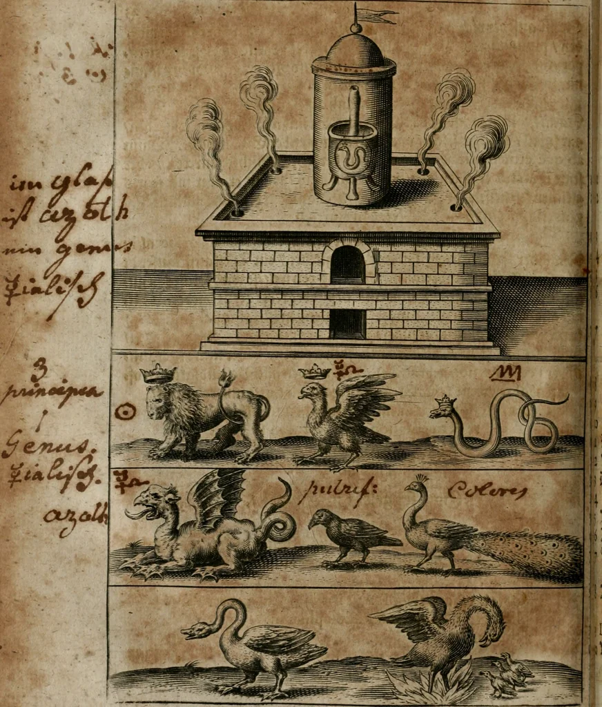 An illustration from Dyas chymica tripartita, das ist, Sechs herzliche deutsche philosophische Tractätlein : deren II. von an jtzo noch im Leben, II. von mitlern Alters, und II. von ältern Philosophis beschrieben Worden : nunmehr aber allen Filiis doctrinae zu Nutz an Tag geben, und mit schönen Figuren gezieret, 1625, leaf 115