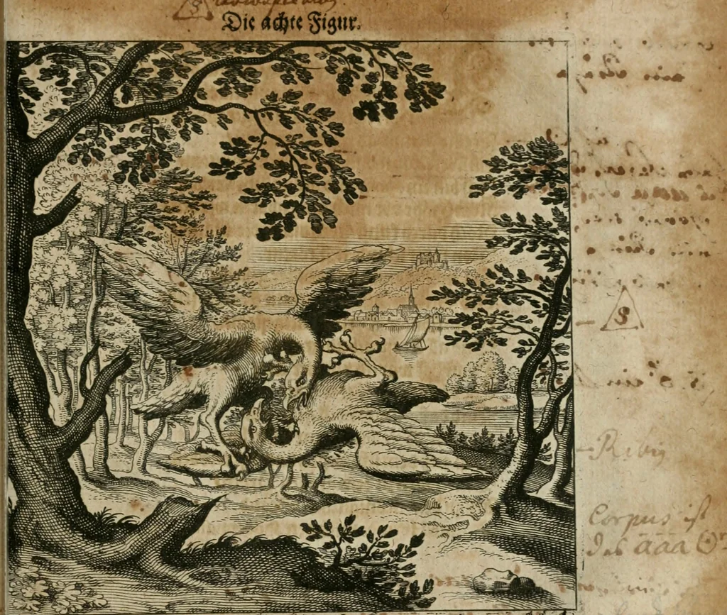 An illustration from Dyas chymica tripartita, das ist, Sechs herzliche deutsche philosophische Tractätlein : deren II. von an jtzo noch im Leben, II. von mitlern Alters, und II. von ältern Philosophis beschrieben Worden : nunmehr aber allen Filiis doctrinae zu Nutz an Tag geben, und mit schönen Figuren gezieret, 1625, leaf 194