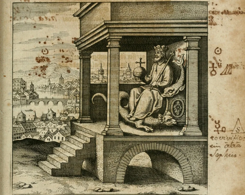 An illustration from Dyas chymica tripartita, das ist, Sechs herzliche deutsche philosophische Tractätlein : deren II. von an jtzo noch im Leben, II. von mitlern Alters, und II. von ältern Philosophis beschrieben Worden : nunmehr aber allen Filiis doctrinae zu Nutz an Tag geben, und mit schönen Figuren gezieret, 1625, leaf 196