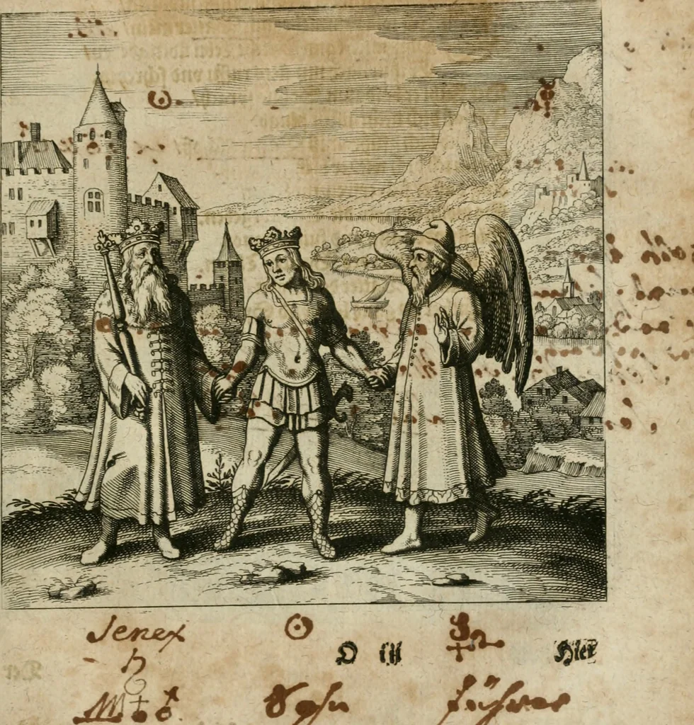 An illustration from Dyas chymica tripartita, das ist, Sechs herzliche deutsche philosophische Tractätlein : deren II. von an jtzo noch im Leben, II. von mitlern Alters, und II. von ältern Philosophis beschrieben Worden : nunmehr aber allen Filiis doctrinae zu Nutz an Tag geben, und mit schönen Figuren gezieret, 1625, leaf 200