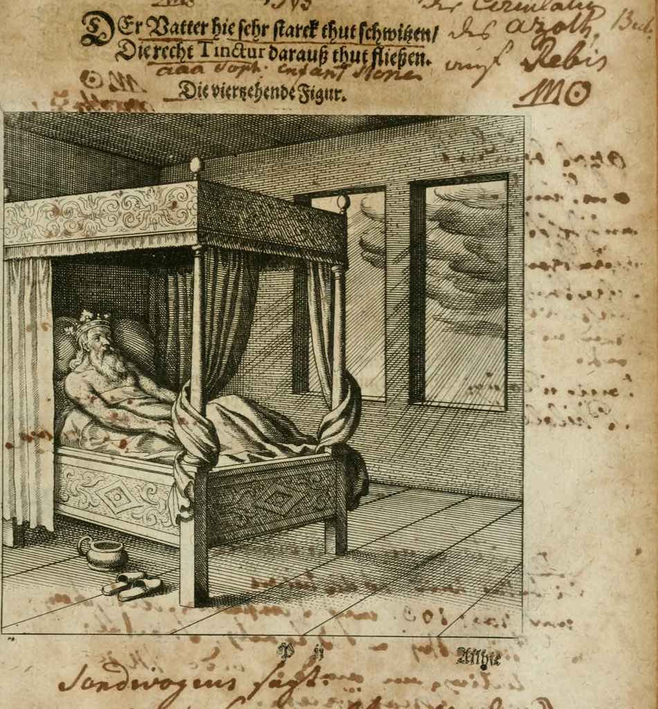 An illustration from Dyas chymica tripartita, das ist, Sechs herzliche deutsche philosophische Tractätlein : deren II. von an jtzo noch im Leben, II. von mitlern Alters, und II. von ältern Philosophis beschrieben Worden : nunmehr aber allen Filiis doctrinae zu Nutz an Tag geben, und mit schönen Figuren gezieret, 1625, leaf 206