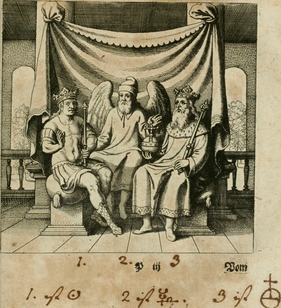 An illustration from Dyas chymica tripartita, das ist, Sechs herzliche deutsche philosophische Tractätlein : deren II. von an jtzo noch im Leben, II. von mitlern Alters, und II. von ältern Philosophis beschrieben Worden : nunmehr aber allen Filiis doctrinae zu Nutz an Tag geben, und mit schönen Figuren gezieret, 1625, leaf 208