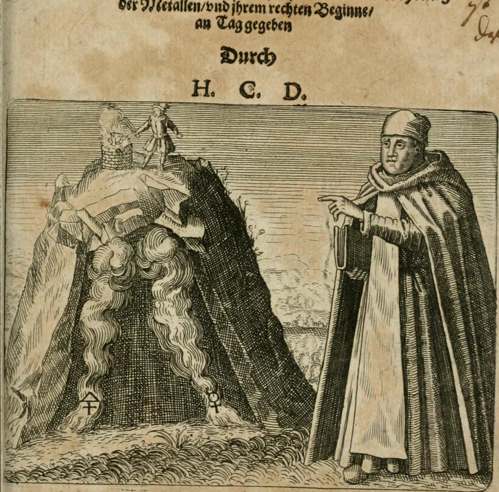 An illustration from Dyas chymica tripartita, das ist, Sechs herzliche deutsche philosophische Tractätlein : deren II. von an jtzo noch im Leben, II. von mitlern Alters, und II. von ältern Philosophis beschrieben Worden : nunmehr aber allen Filiis doctrinae zu Nutz an Tag geben, und mit schönen Figuren gezieret, 1625, leaf 210