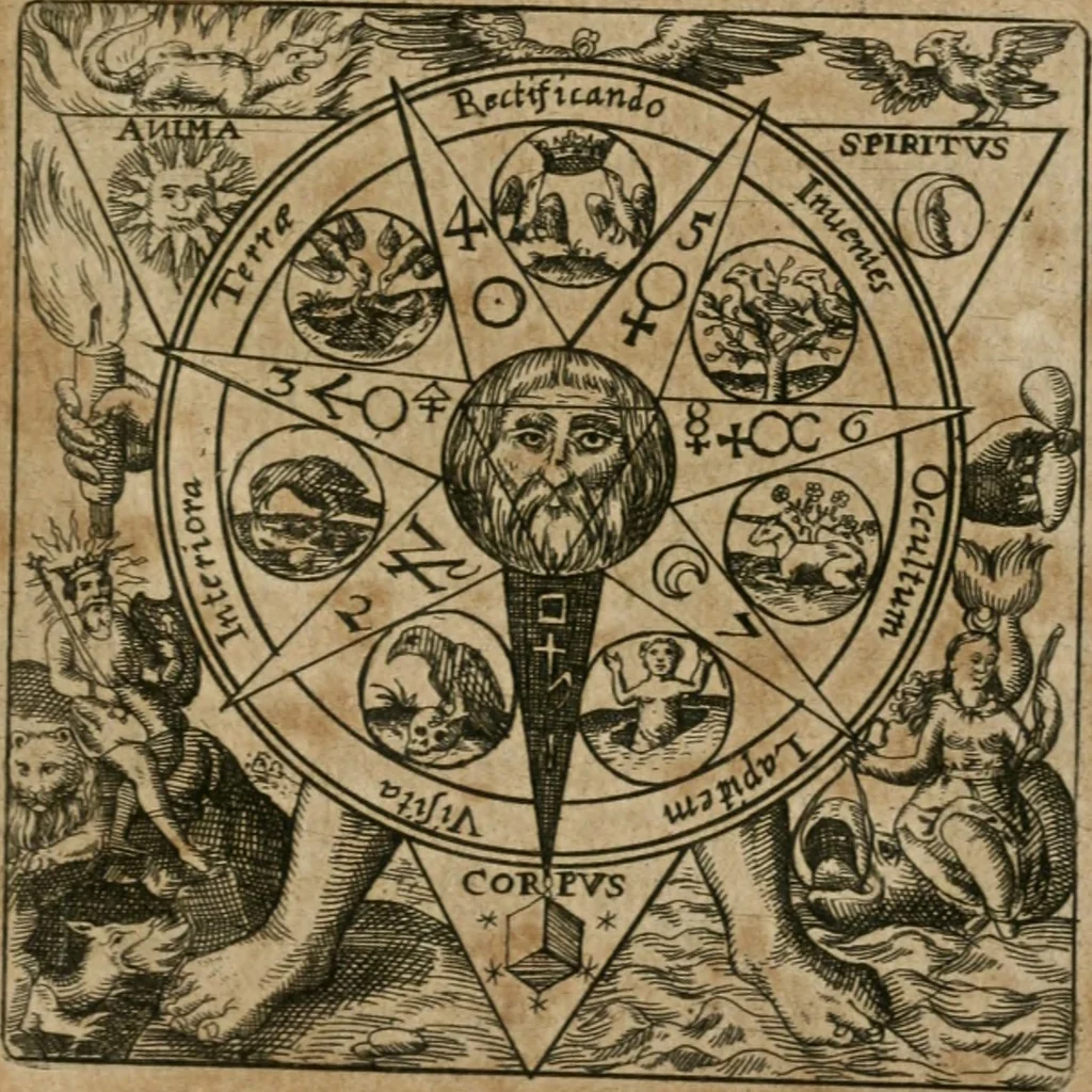 An illustration from Dyas chymica tripartita, das ist, Sechs herzliche deutsche philosophische Tractätlein : deren II. von an jtzo noch im Leben, II. von mitlern Alters, und II. von ältern Philosophis beschrieben Worden : nunmehr aber allen Filiis doctrinae zu Nutz an Tag geben, und mit schönen Figuren gezieret, 1625, leaf 228