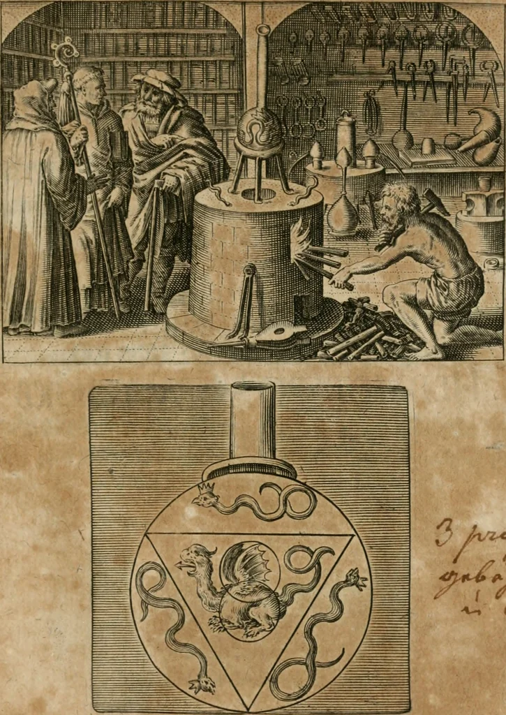 An illustration from Dyas chymica tripartita, das ist, Sechs herzliche deutsche philosophische Tractätlein : deren II. von an jtzo noch im Leben, II. von mitlern Alters, und II. von ältern Philosophis beschrieben Worden : nunmehr aber allen Filiis doctrinae zu Nutz an Tag geben, und mit schönen Figuren gezieret, 1625, leaf 242